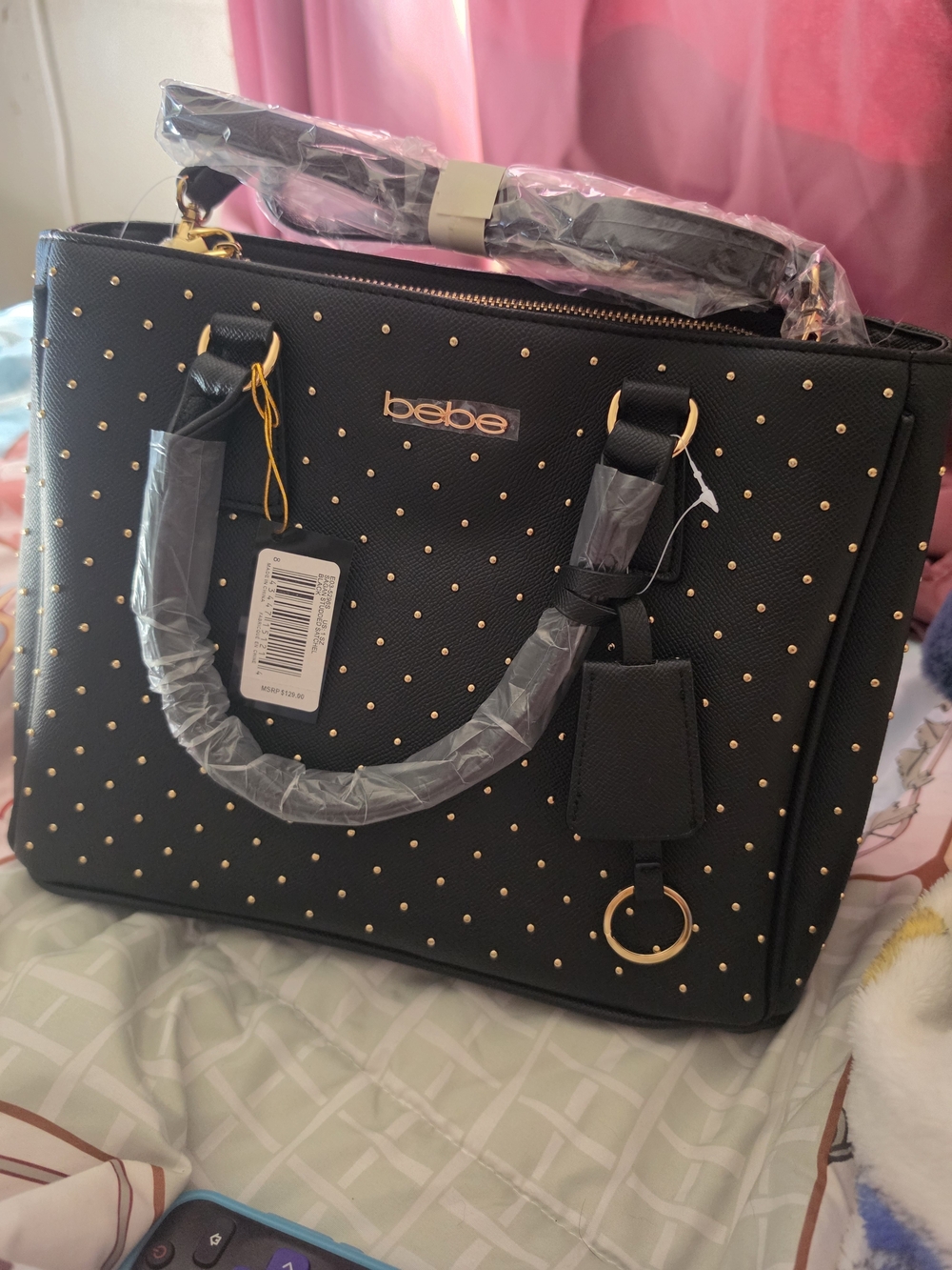 bebe Black Satchel with Gold Studs